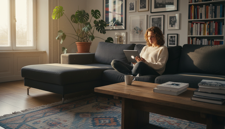 Eye-level view of a person watching online videos on a tablet.