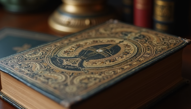 Detailaufnahme eines alten, verzierten Buches über russische Geschichte