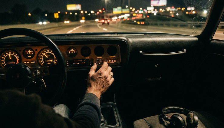 Nahaufnahme eines Autoradios und einer Hand am Lautstärkeregler im Pontiac.
