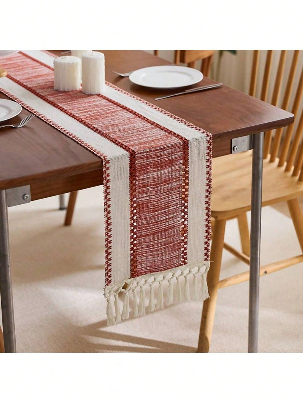 Thumbnail: Boho Striped Green Table Runner with Tassels