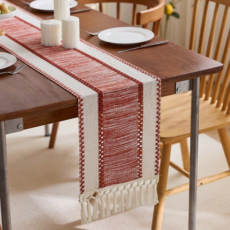 Thumbnail: Boho Striped Green Table Runner with Tassels