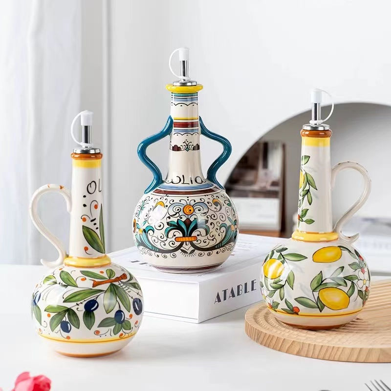 Embossed Ceramic Olive Oil and Vinegar Dispenser