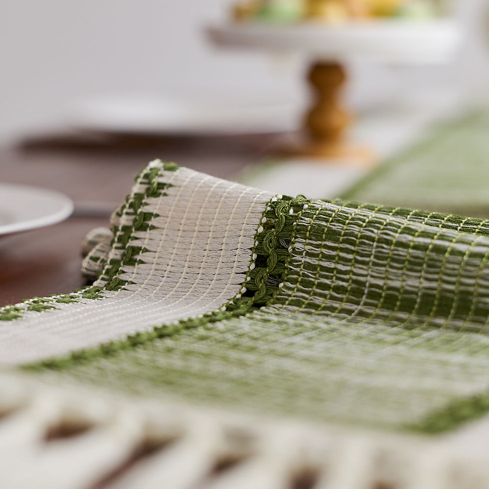 Thumbnail: Boho Striped Green Table Runner with Tassels