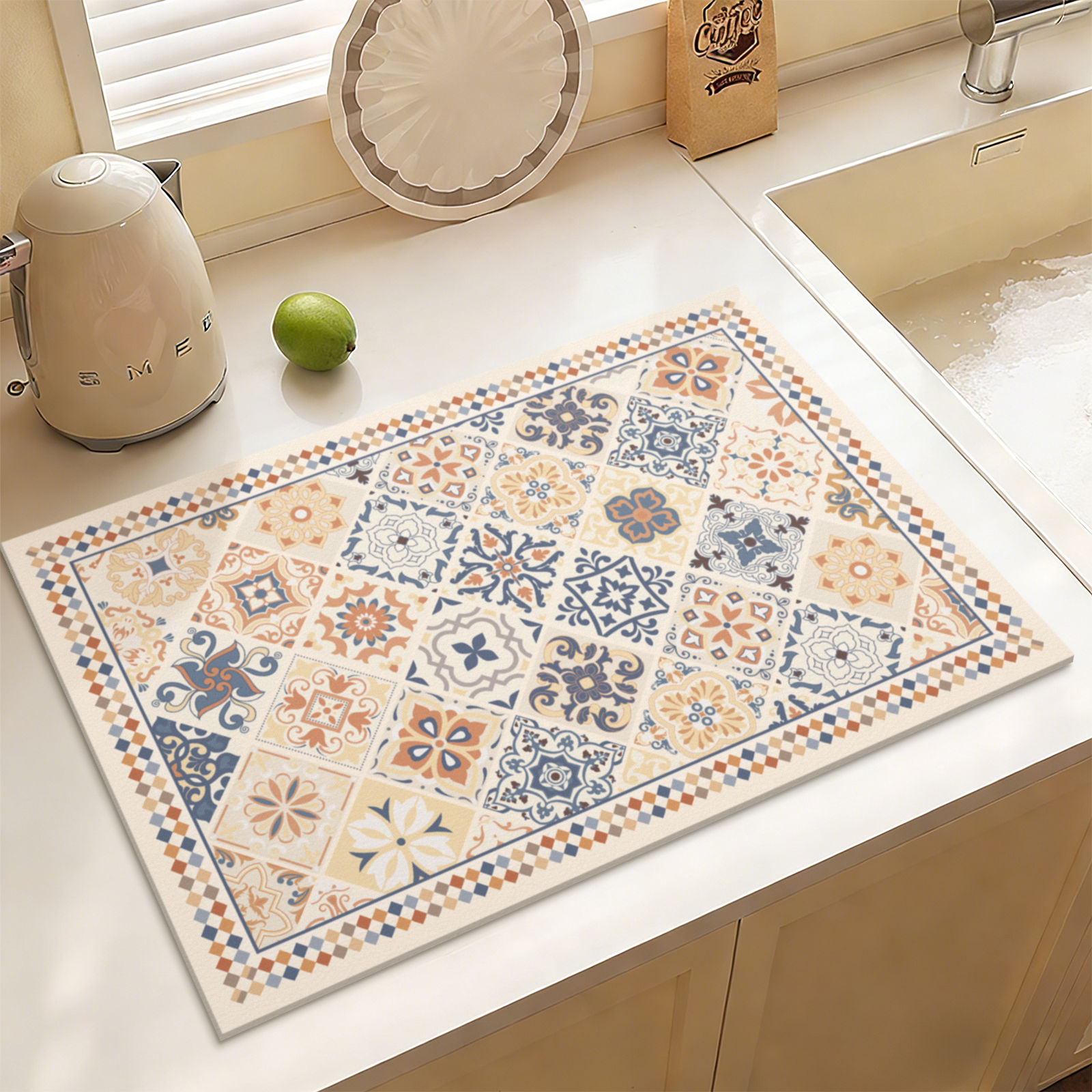 Vintage Tile Pattern Absorbent Kitchen Sink Mat