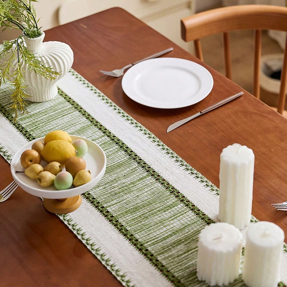Thumbnail: Boho Striped Green Table Runner with Tassels