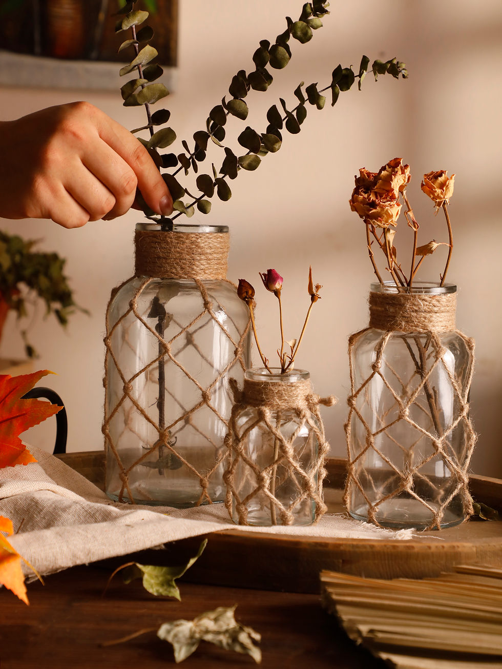 Thumbnail: Rustic Hanging Glass Vase with Hemp Rope Net