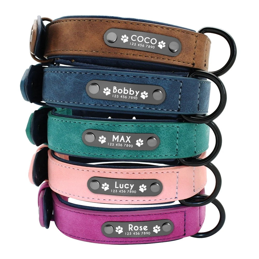Personalised Leather Dog Collar with Custom Name Tag