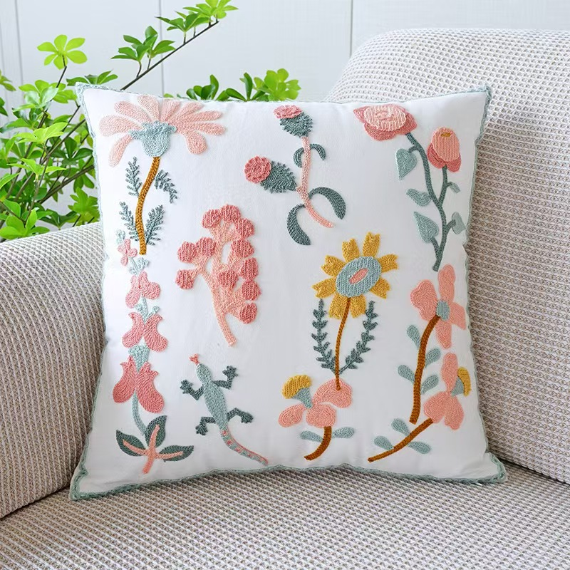 Thumbnail: Nordic Embroidered Floral Square Cushion Cover