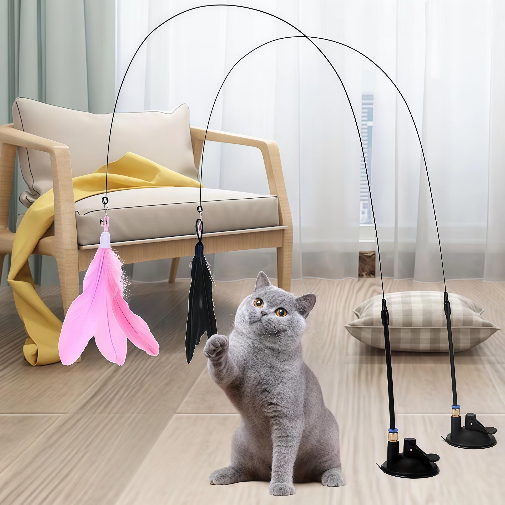 Suction Cup Cat Teaser Pole with Feather and Bell
