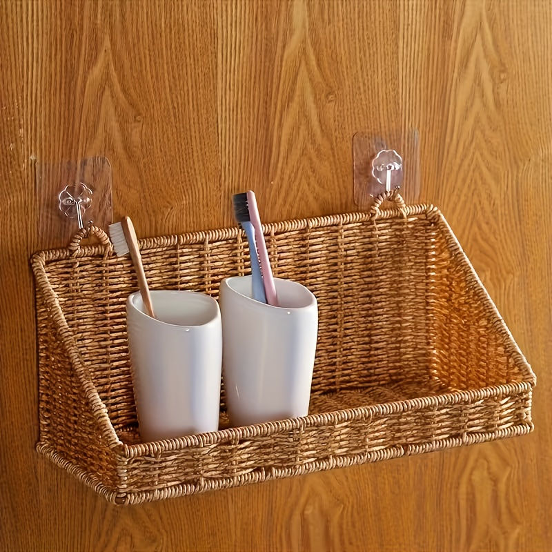 Thumbnail: Rustic Wall-Mounted Woven Rattan Storage Basket with Hooks