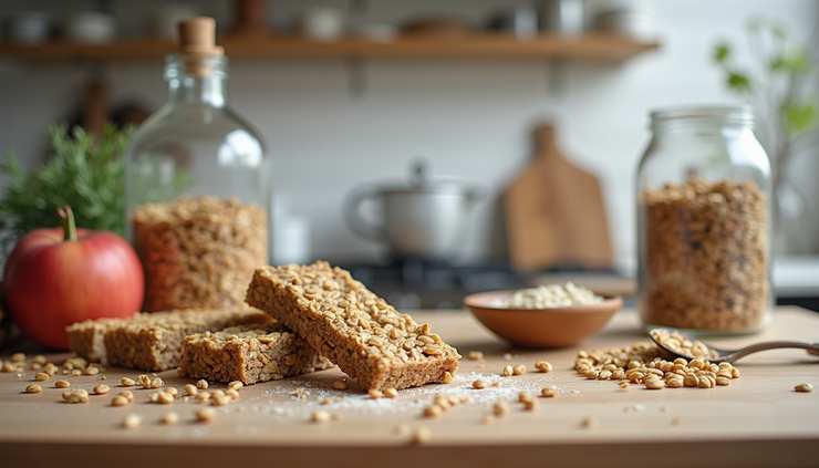 Eye-level view of a kitchen counter with ingredients and utensils for making homemade granola bars