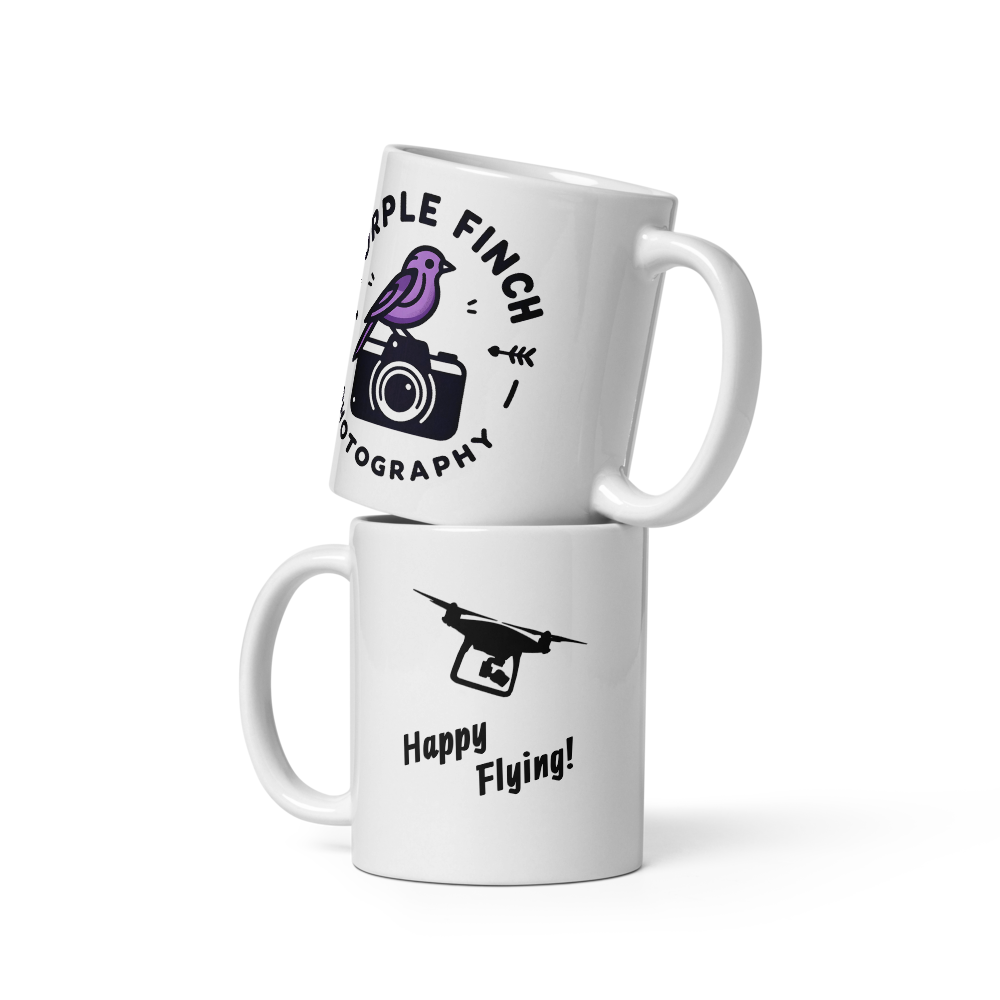 White Glossy Coffee Mug | Finch Logo "Happy Flying!"