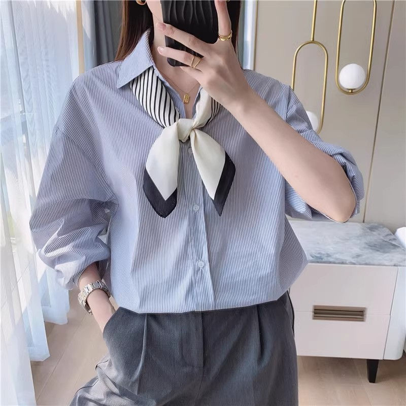 Thumbnail: Minimal Striped Silk-Feel Scarf – Elegant Korean-Inspired Square Neck Scarf