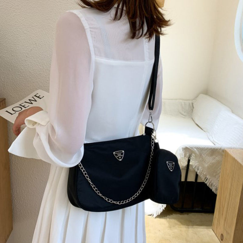 Thumbnail: 2-Piece Nylon Hobo Bag Set – Chic Everyday Shoulder Bags with Chain Detail