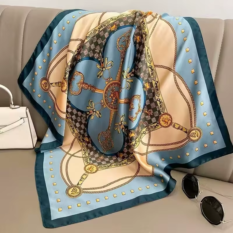 Thumbnail: Luxury Chain Print Silk-Feel Scarf – Elegant Unisex Square Scarf