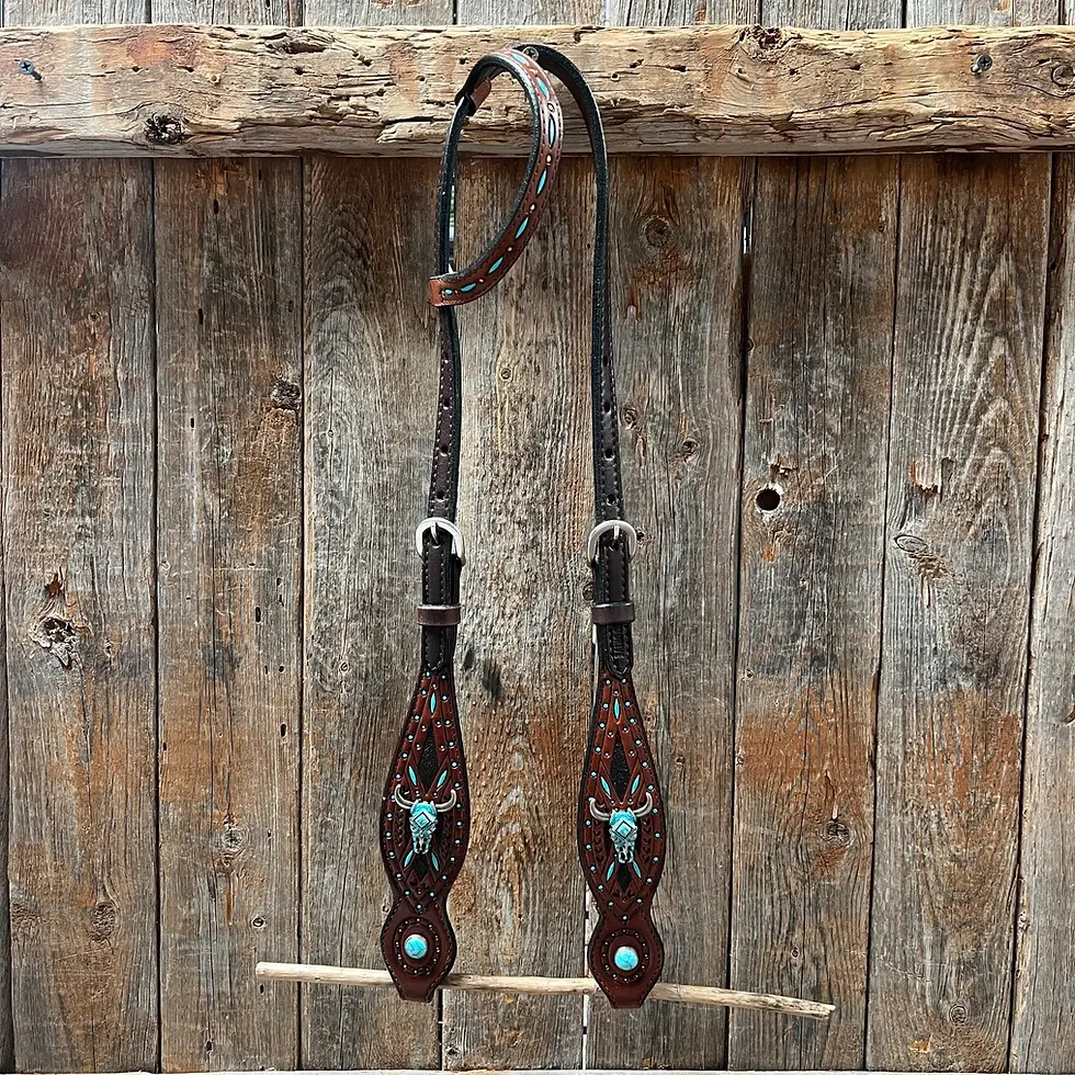 Thumbnail: Dark Oil Hand Painted Steer Head and Turquoise Browband/One Ear and Breastcollar