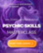A serene figure meditates in a purple aura with swirling colors. Text: "Magick & Witchcraft Academy," "Psychic Skills Masterclass," "Start Free Lesson."
