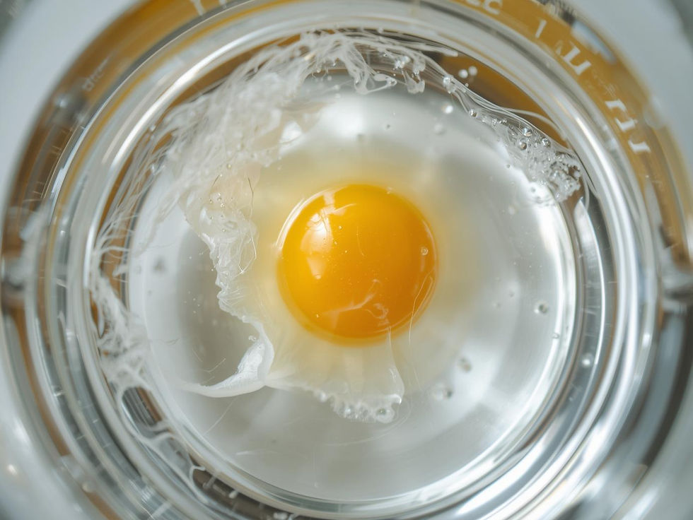 Close-up of a cracked egg in a glass bowl, with a bright yellow yolk and clear whites. Egg cleanse pattern interpretation. 