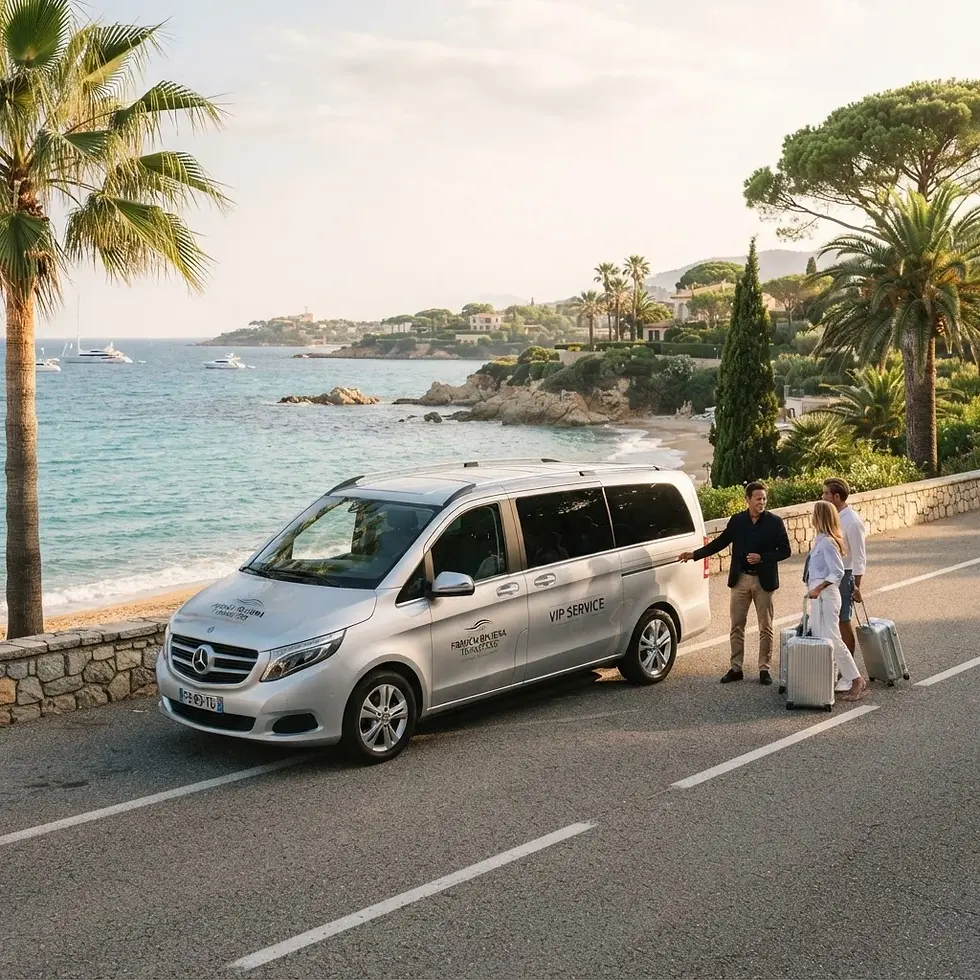 Lifestyle photography of a luxury van service picking up passengers beside a scenic coastal road. The scene suggests premium transportation for a vacation.