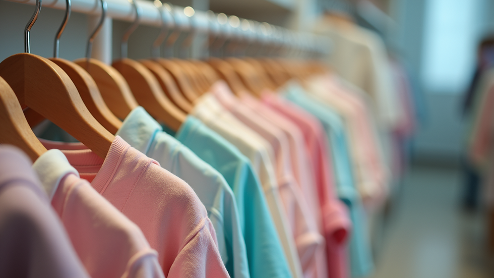 Eye-level view of a colorful baby clothing rack