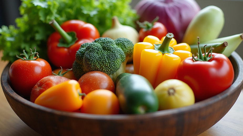Eye-level view of a colorful bowl of fresh vegetables and fruits