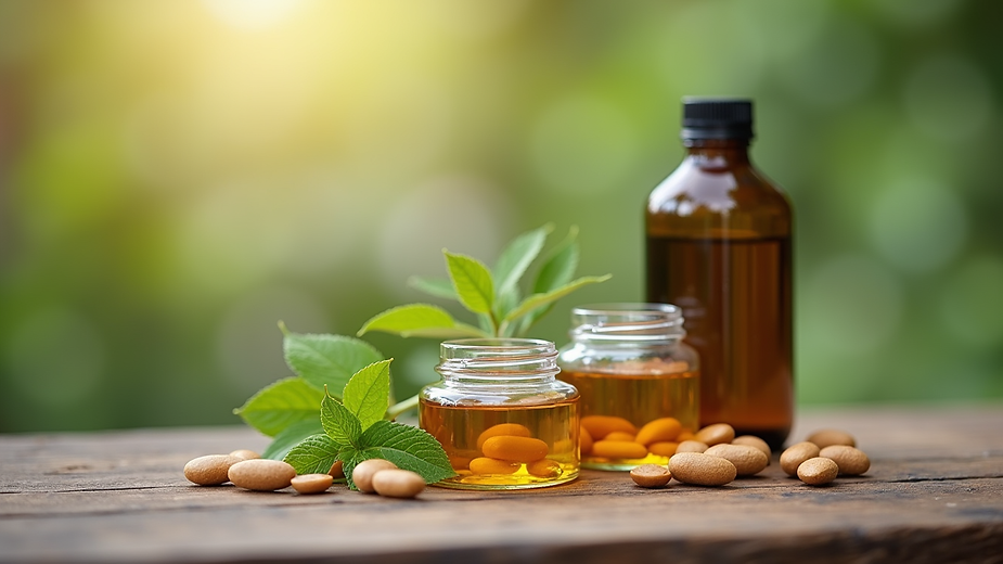 Close-up view of herbal supplements and natural remedies on a wooden table
