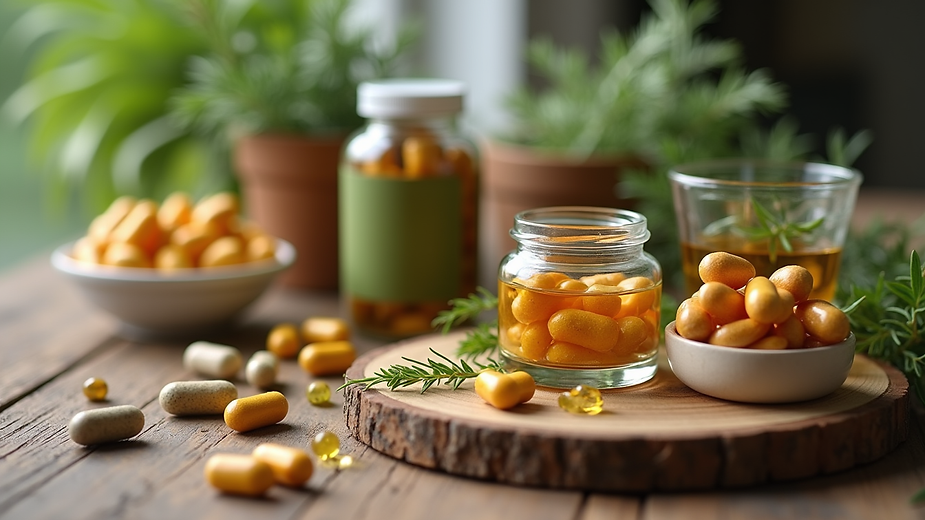 Close-up view of herbal supplements and natural remedies on a wooden table