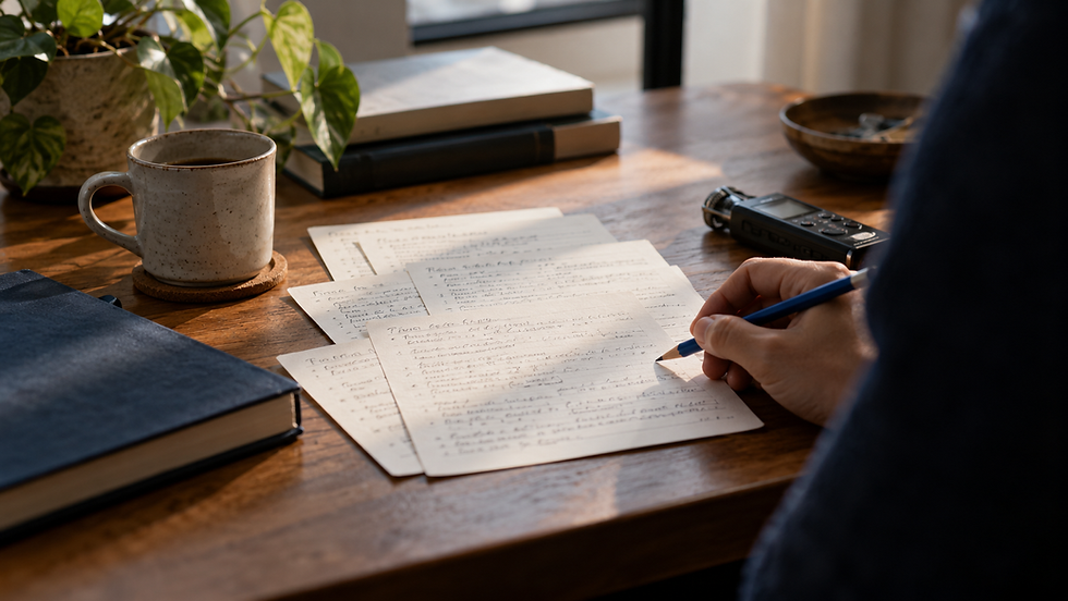 Fichas manuscritas, un lápiz y una grabadora para practicar respuestas de entrevista.