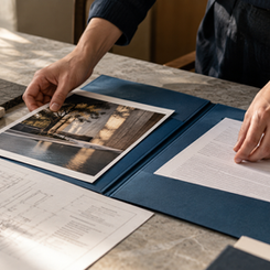 Manos seleccionando fotografías, planos y documentos de un portafolio profesional.