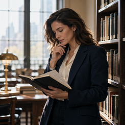 Profesional consultando una libreta entre estantes de una biblioteca.