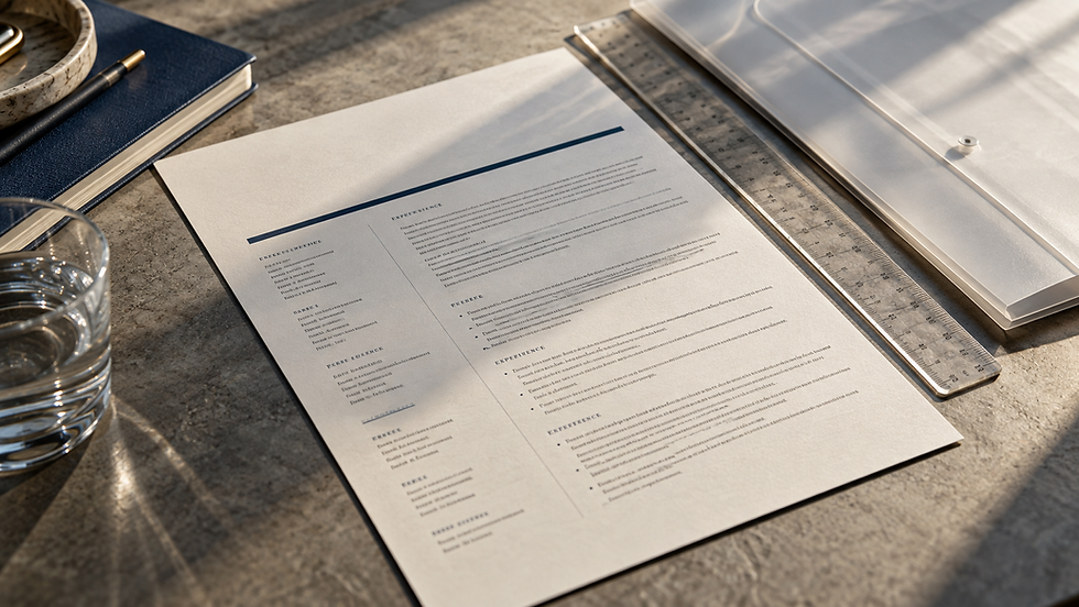 Currículum impreso junto a una regla transparente y una funda para documentos.