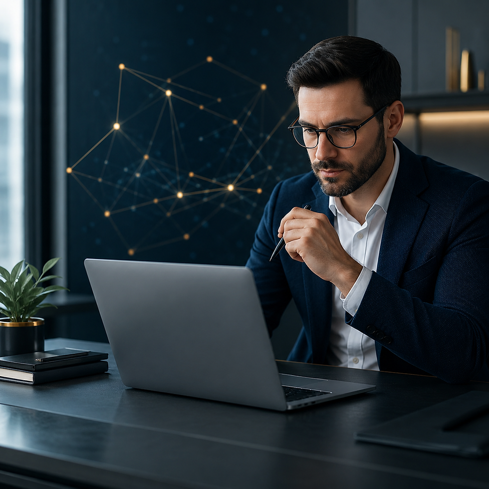 Profesional revisando un currículum con apoyo de inteligencia artificial y enfoque estratégico de reposicionamiento profesional.