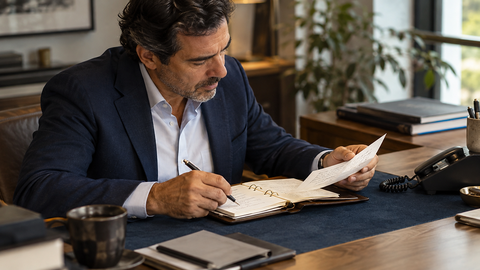 Libreta de contactos y nota junto a un teléfono sobre un escritorio.