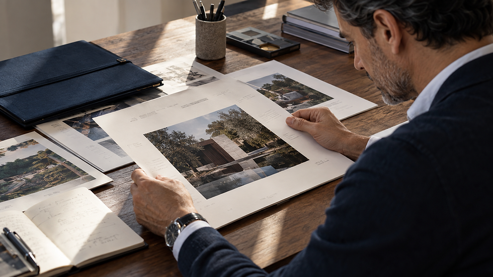 Manos seleccionando una muestra de proyecto de un portafolio profesional.