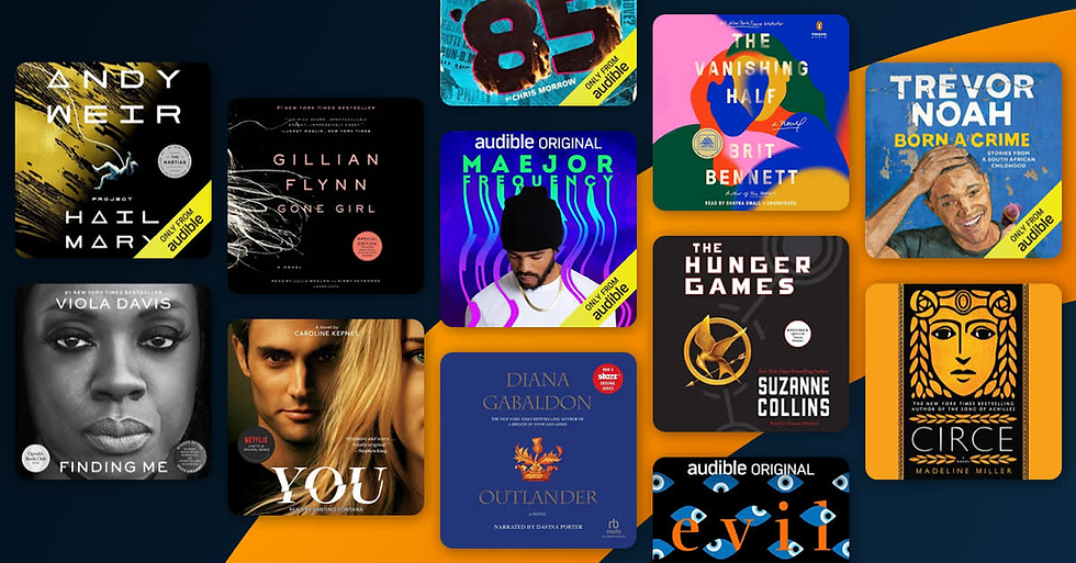 A collage of various audiobook covers, including "Hail Mary," "Gone Girl," and "The Hunger Games," set against a colorful background.