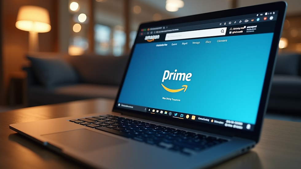 Eye-level view of laptop screen showing Amazon Prime homepage