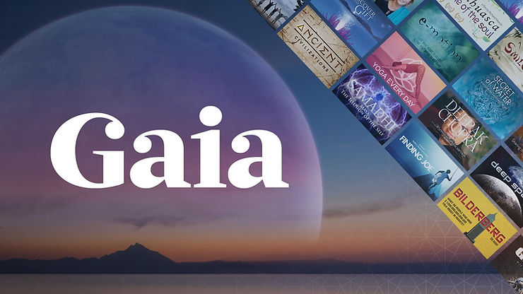 "Gaia" text over a serene landscape with a large planet. Diagonal banner shows various colorful book covers and titles. Peaceful atmosphere.