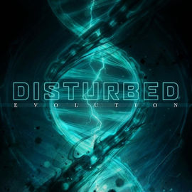 Album cover for Disturbed - Evolution, showcasing a vibrant DNA design, assisted by Bob Varo, audio engineer at VARO Studio Amsterdam.
