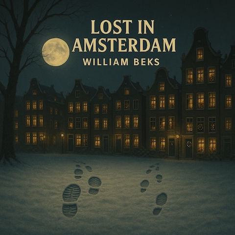 Album cover for Lost in Amsterdam by William Beks, showing a snowy Amsterdam street with traditional houses under a full moon and footprints in the snow. Fully produced, recorded, mixed, and mastered by Bob Varo.