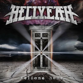 Album cover for Hellyeah - Welcome Home, depicting a radiant door in a desolate setting, with audio engineering and editing by Bob Varo, VARO Studio Amsterdam.