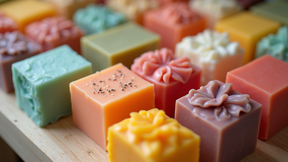 High angle view of an assortment of colorful handmade soaps