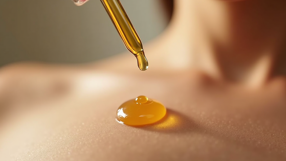 Close-up view of a dropper releasing seed oil onto a smooth skin surface