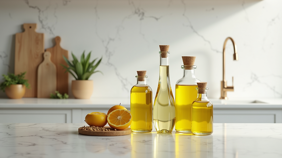 Eye-level view of various seed oil bottles arranged on a white marble countertop