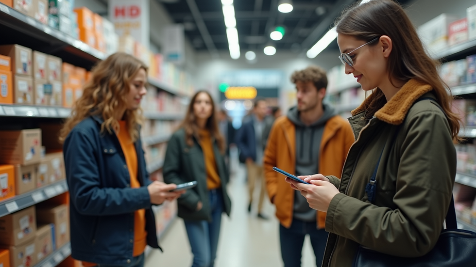 Eye-level view of a diverse group of consumers engaging with products in a retail store