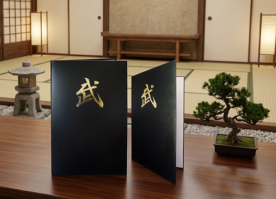 Eye-level view of a padded document folder on a wooden desk