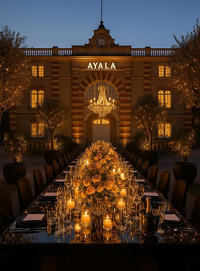 Dîner de prestige mis en scène devant la Maison Ayala, scénographie événementielle signée Maison Alpha Paris.
