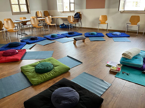 Participants à une journée de pleine conscience et retraite méditative silencieuse suisse romande Vaud Romanel-sur-Lausanne pratiqu du body-scan et mouvements conscients issus du hatha yoga