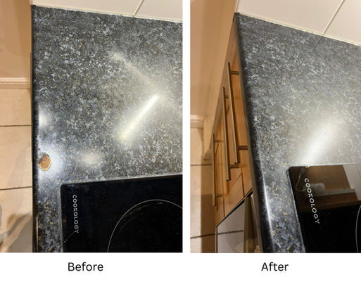 Laminate kitchen worktop edge burn chip repaired and colour matched – before and after restoration in London