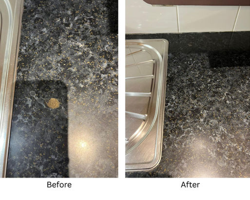 Kitchen laminate worktop circular burn damage professionally repaired without replacement