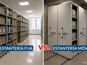 Archivo móvil vs. estantería fija en un espacio de almacenamiento empresarial, mostrando la diferencia entre sistemas tradicionales y soluciones de alta densidad.